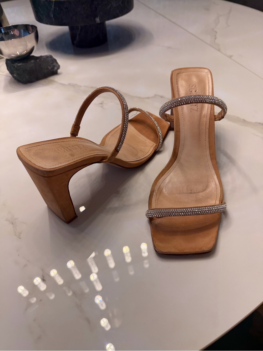 SCHUTZ Tan Crystal-Embellished Strappy Block Heels